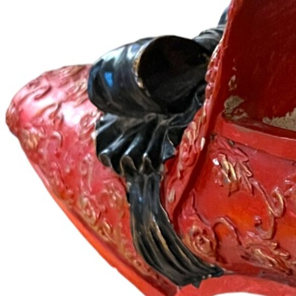 RARE! Vtg Ornate Red Plaster Shoe Planter Frilly Black Bow, Roses & Gold Accents - Picture 9 of 15